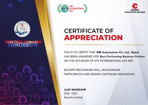 एस्कर्टस लिमिटेड इन्डियाद्धारा आइएमई अटोमोटिभ्स्लाई बेस्ट पर्फमिङ् व्यापार अवार्ड